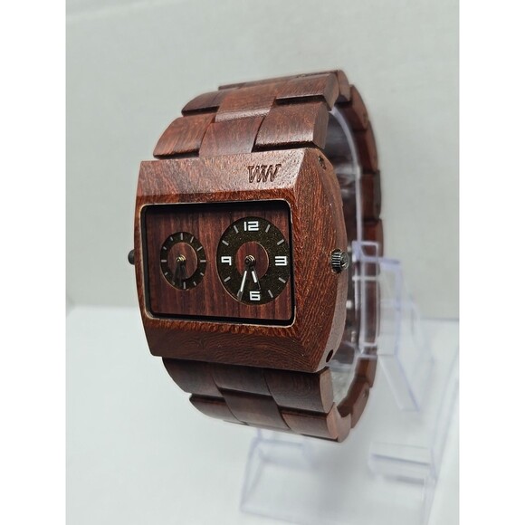 WeWood Jupiter Dual Time Natural Wood Quartz Watch New Battery Brown Rectangular - Picture 2 of 10